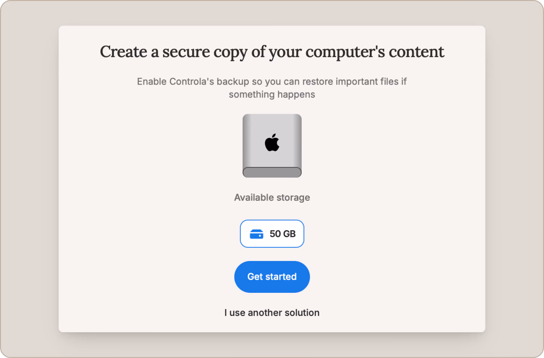 Vyn för att konfigurera backup i Controla-appen.