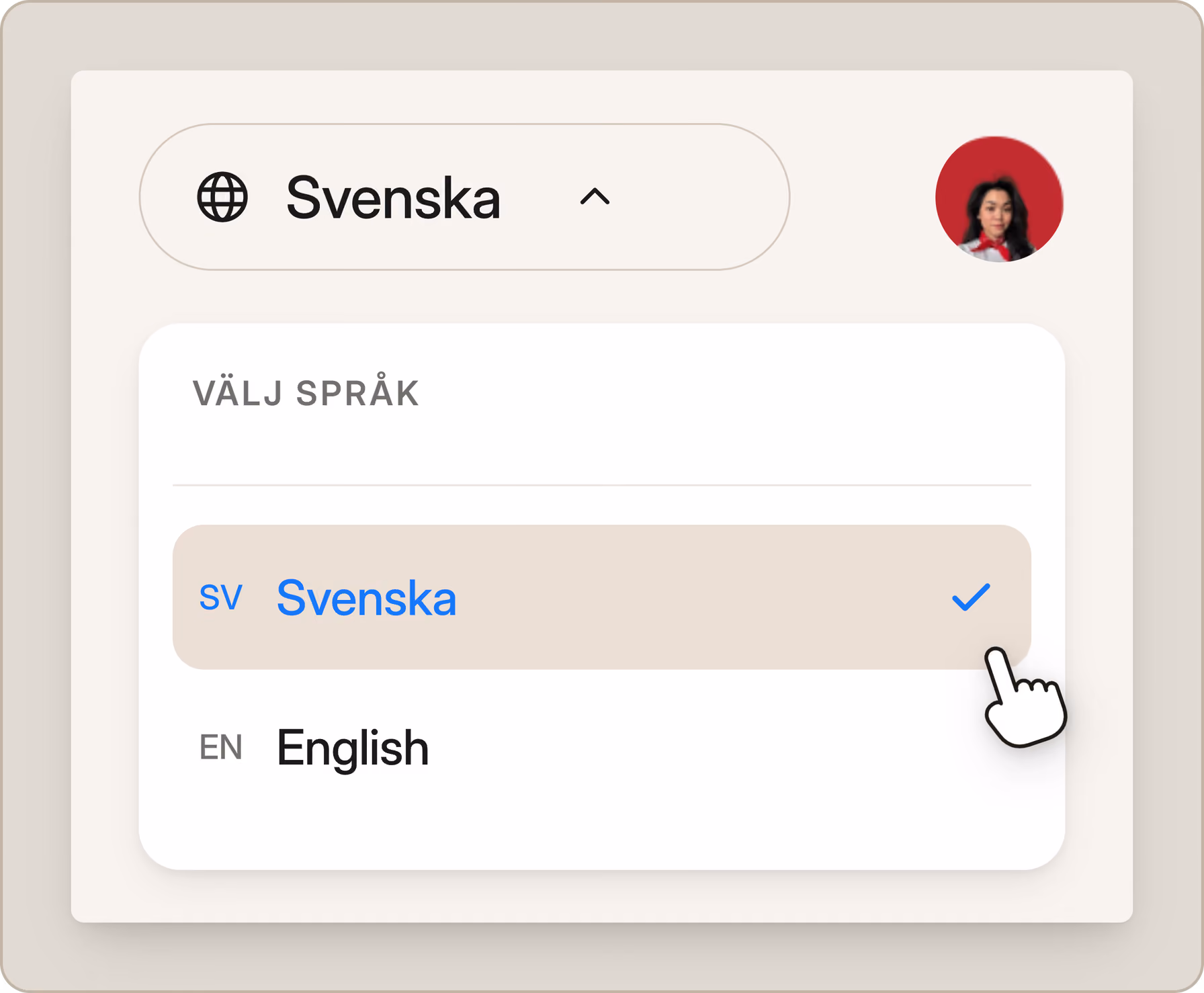 Språkväljaren i Controla med alternativen engelska och svenska.